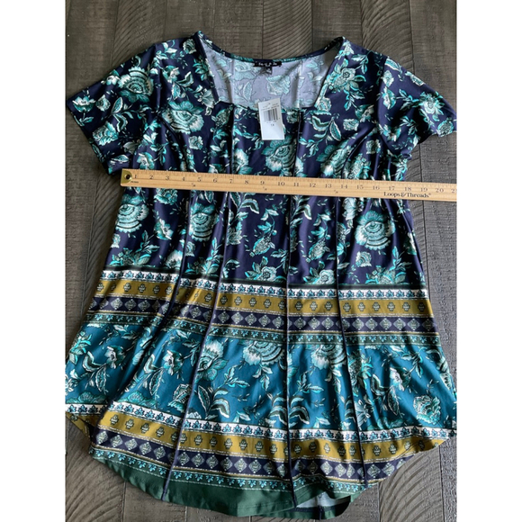 Sami & Jo Plus Floral Boho Top Navy Teal Mustard Short Sleeve 1X NWT - Picture 7 of 7